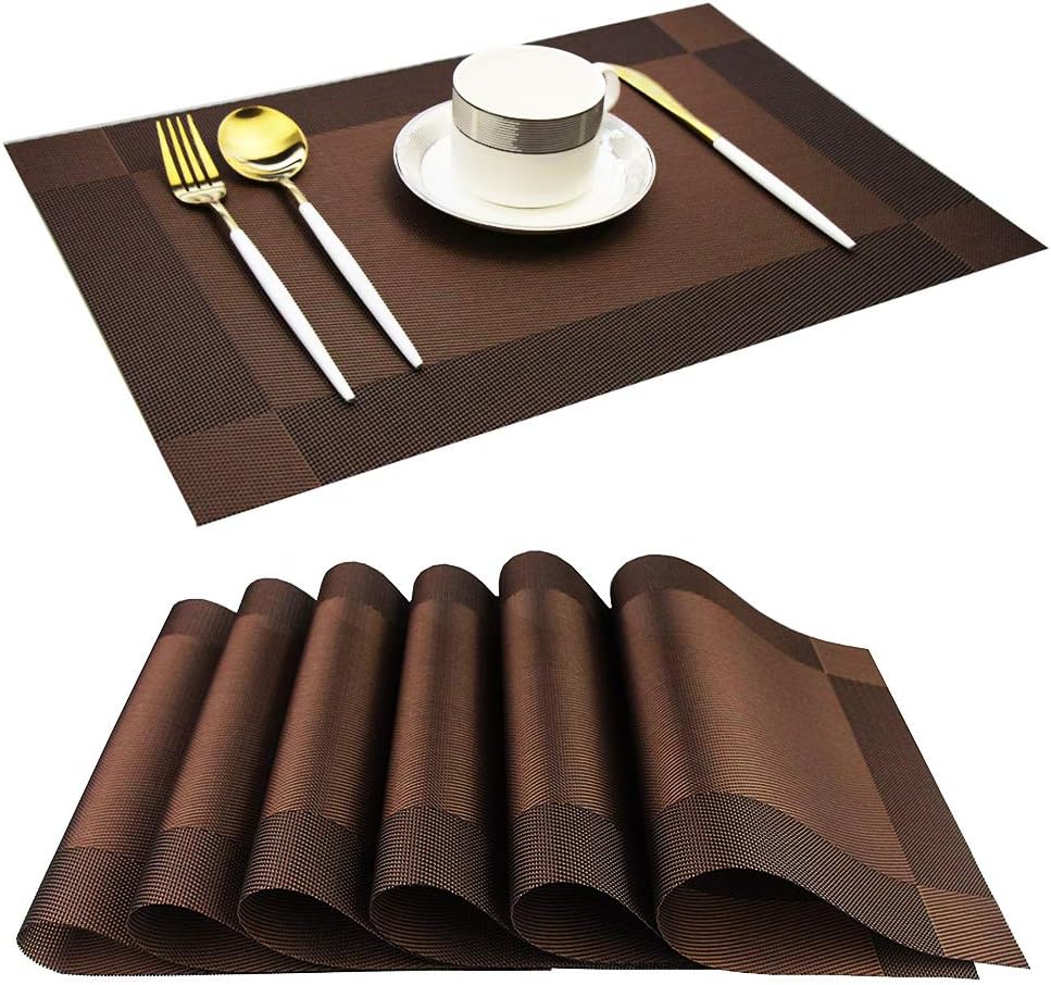 One-Day Sale: Up to 50% Off Set of 6 Placemats Woven Washable Non-Slip Placemats Stain Resistant Heat-Resistant Restaurant Elegant Hard PVC Polyester Place Mats for Cafe Dining Table Kitchen Everyday Use Christmas (Brown)