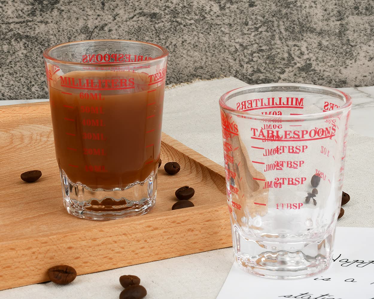 Taza medidora de 2 piezas de vaso de chupito con 4 tipos de escala de medición para líquido de pequeña cantidad (rojo, 2.3 fl oz) 6