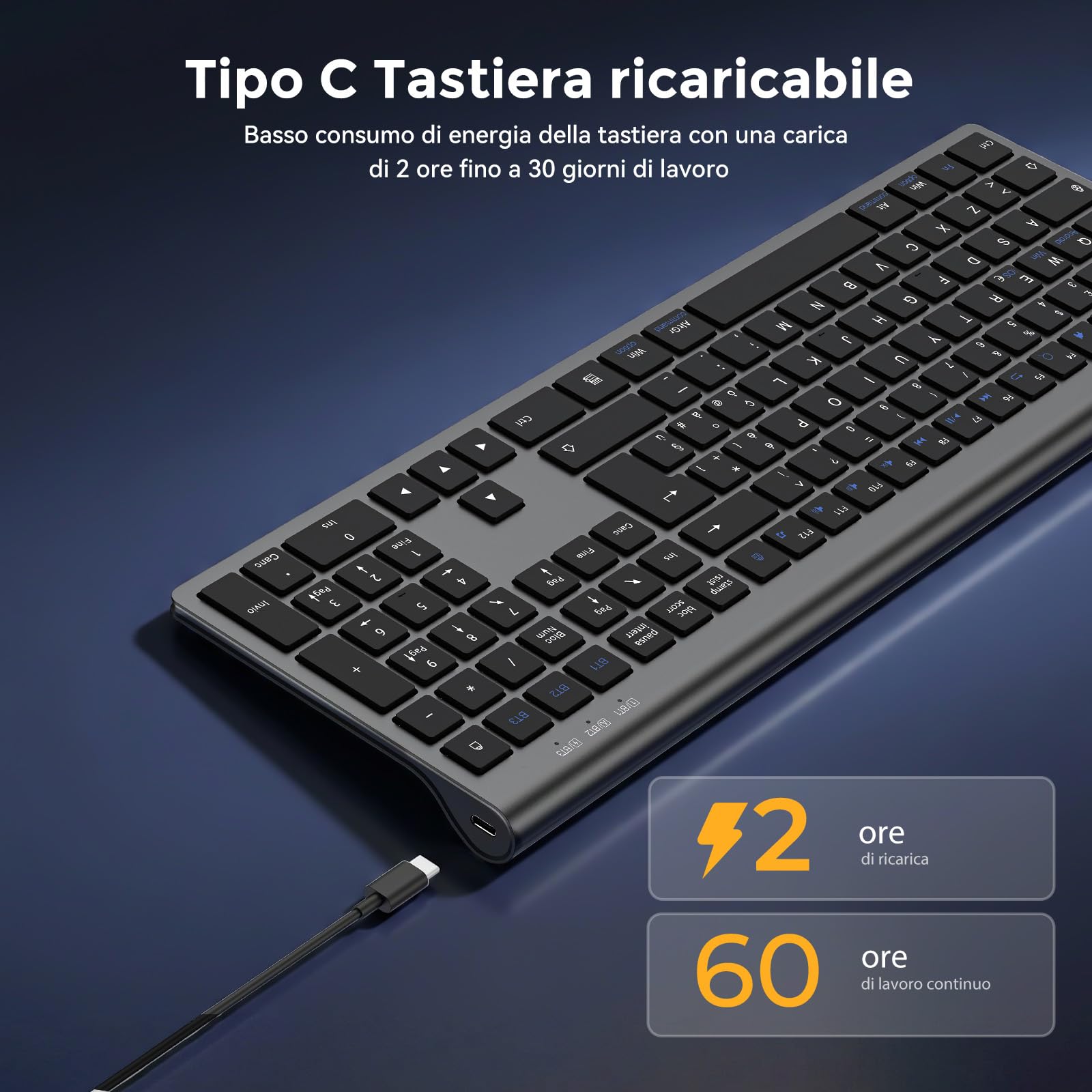 cimetech Tastiera wireless Bluetooth, Tastiera wireless ricaricabile multi-dispositivo con connessione facile fino a 3 dispositivi - Layout italiano, tasti silenziosi Compatibile con Mac, Windows, iOS