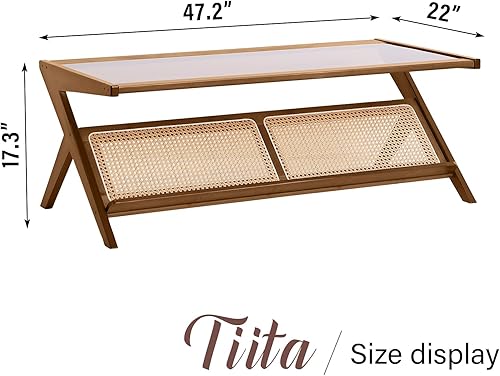 Miniatura 3 de Tiita Mesa auxiliar de ratán, mesitas de noche de bambú, mesa auxiliar de noche de cristal, mesa auxiliar de madera bohemia con almacenamiento para