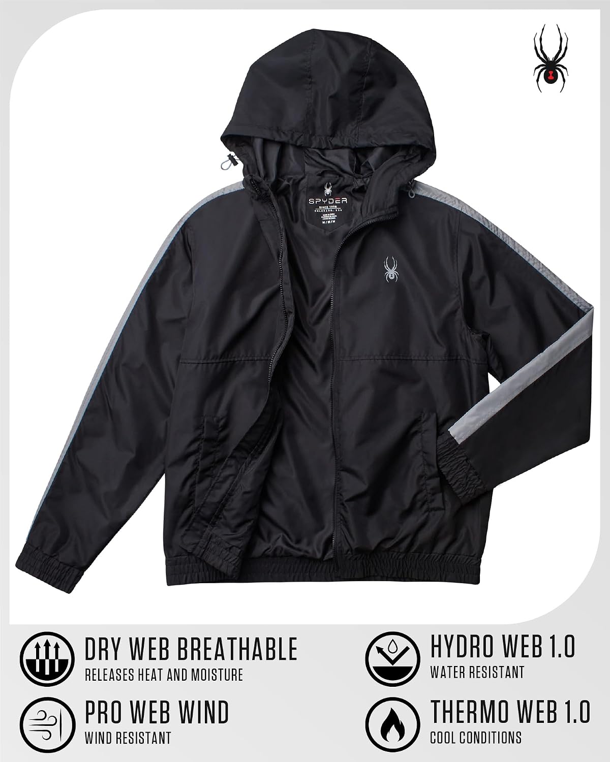 Spyder Mens Windbreaker Jacket - Lightweight Breathable Wind Water Resistant Zip Up Jacket with Hood for Running Golf Hiking