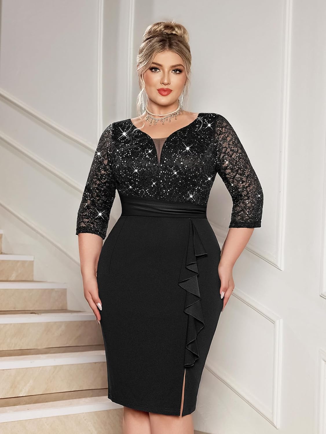 MISSMAY Women's Plus Size Sequined Lace V Neck Ruffle Split Hem Wedding Party Bodycon Cocktail Dress - Image 4