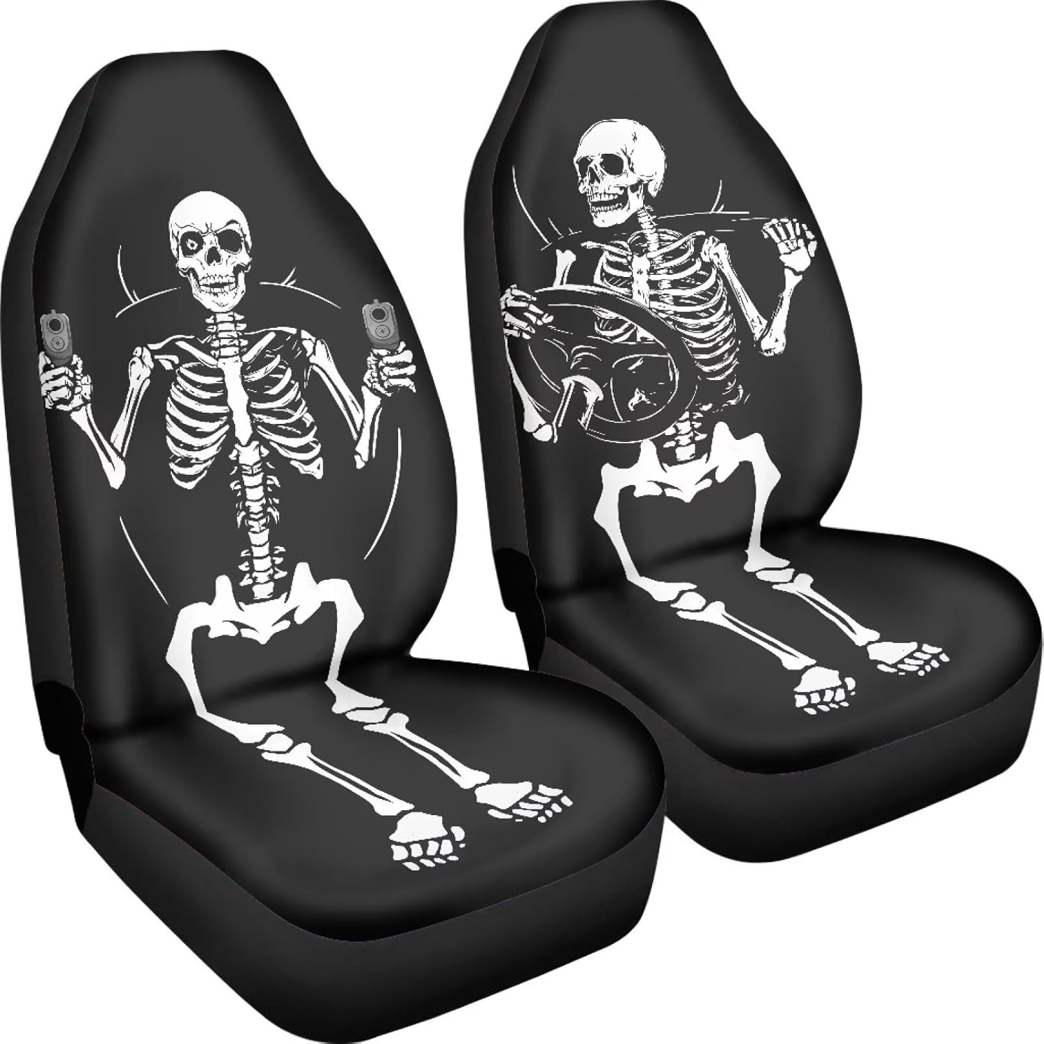 Skull Print 2PCS Car Seat Covers, Breathable Auto Seat Cushion Scratch-Resistant Sedan Interior Covers Easy to Clean Bucket Seat Cover Fit for Vans SUV Truck