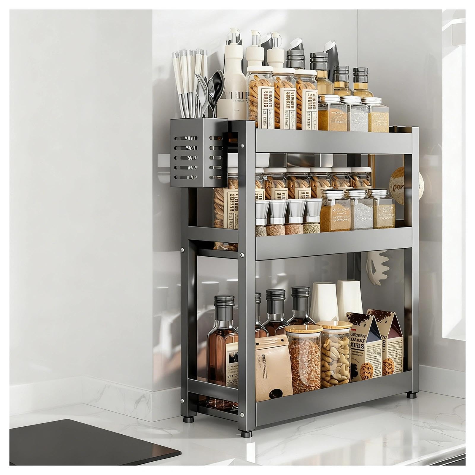 GLJTUO 3-Tier Spice Rack - Standing Desktop Storage Shelf with Hooks & Utensil Holder - Kitchen & Bathroom nization - White, 50cm Countertop Solution for Pantry Storage (Grey 3,Grey-3 Tier-50cm