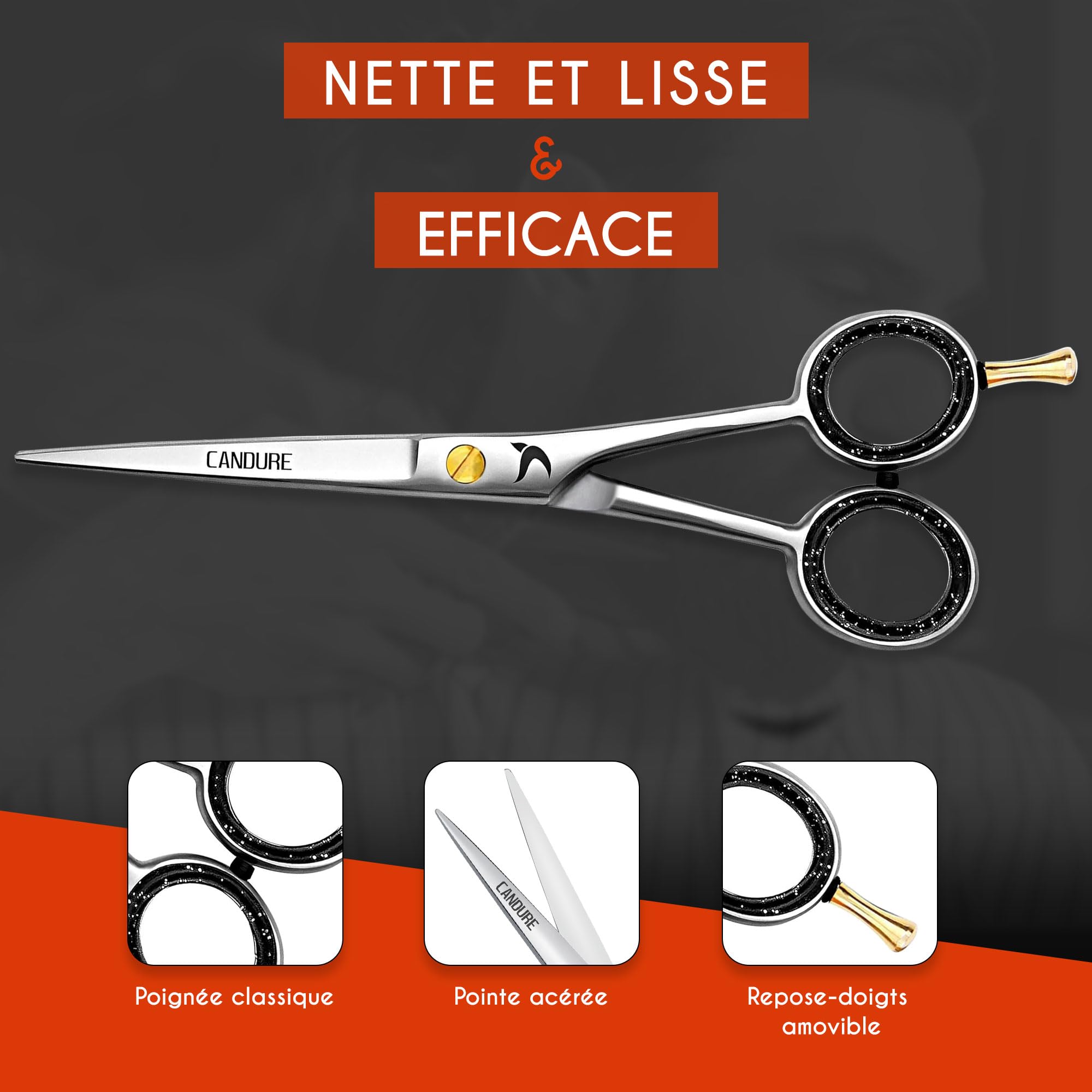 Ciseaux de coiffure professionnels Candure 6,5", ciseaux de coiffure de salon avec peigne et étui, kit de ciseaux de coiffure en acier inoxydable pour hommes et femmes (argent et or)