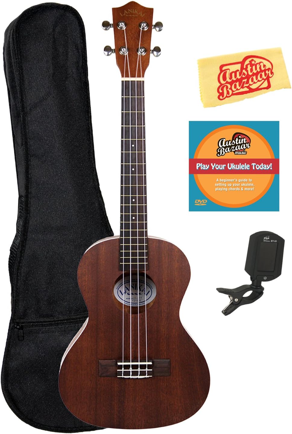 Lanikai LU-21T Tenor Ukulele Bundle with Gig Bag, Clip-On Tuner, Austin Bazaar Instructional DVD, and Polishing Cloth