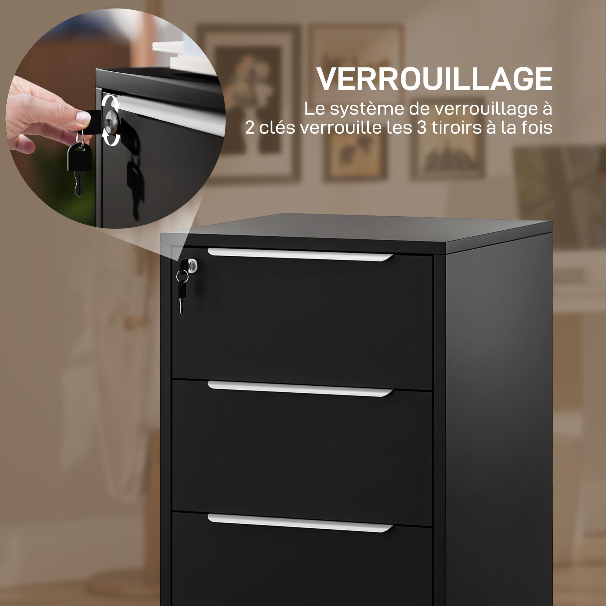 HOMCOM Cassettiera da scrivania mobile con 3 cassetti e serratura, mobile da scrivania su ruote, per documenti e stampante, contenitore compatto per lavoro o camera da letto, 40 x 40 x 63,5 cm, nero