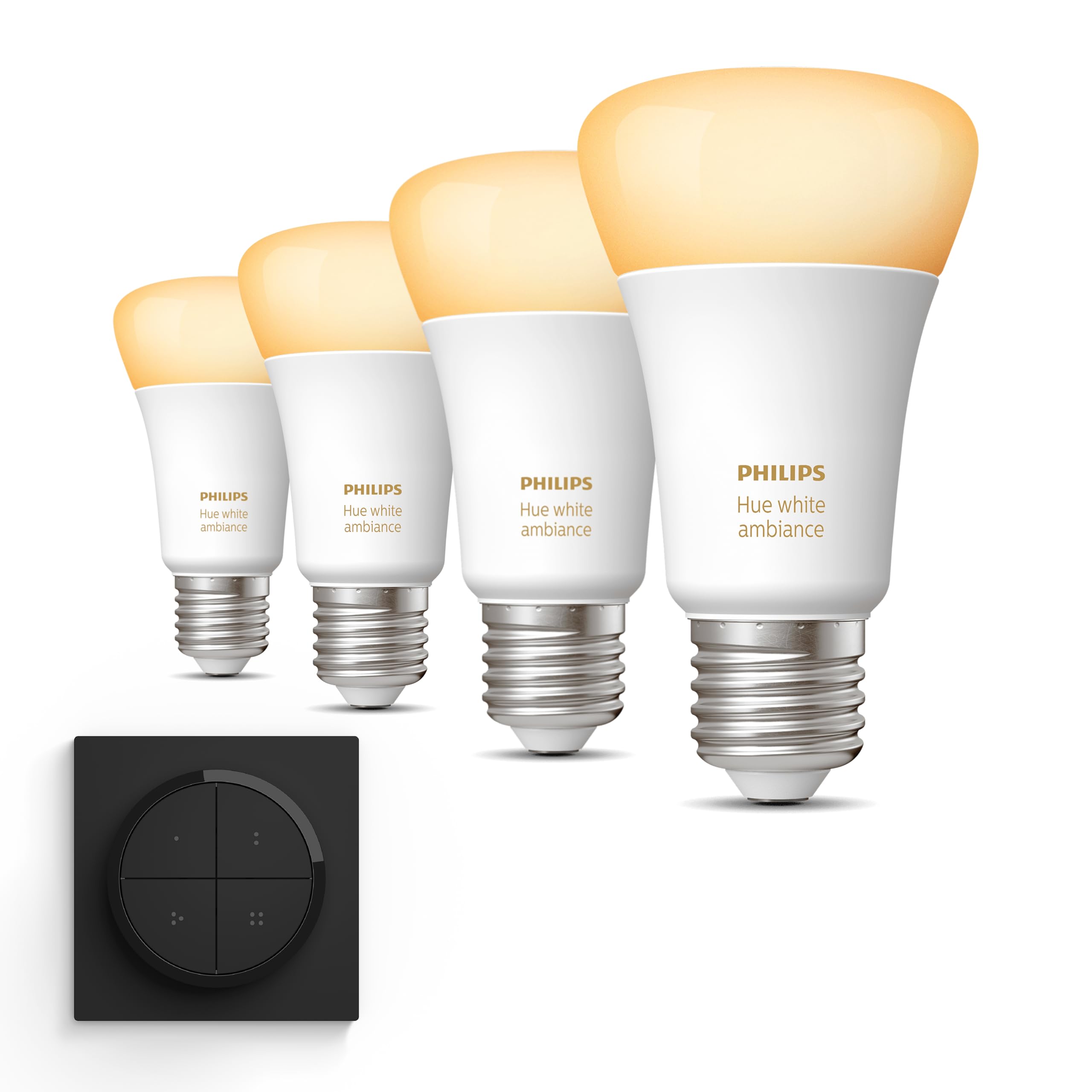 Philips Hue Paquete de beneficios - E27 - con 4 lámparas estándar - luz cálida a blanca fría - incluye 1 interruptor Hue Dial (negro) - Hue White Ambiance
