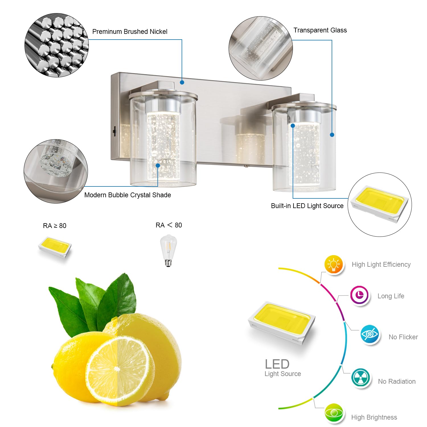 SineRise Brushed Nickel Vanity Light (2-Light, 12.5-Inch), (3000K/4000K/6000K, Dimmable), Eye Protection LED Bathroom Light Fixture, Modern Wall Light Over Mirror with Clear Glass Shade