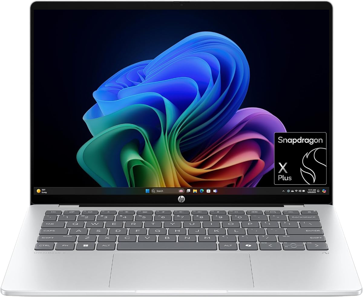 OmniBook 5 14 inch Next Gen AI PC, 2K Touchscreen, Snapdragon X Plus X1P- 42-100, 16 GB RAM, 512 GB SSD, Qualcomm Adreno GPU, Windows 11 Home, Copilot+ PC, Glacier Silver, 14-he0000nr
