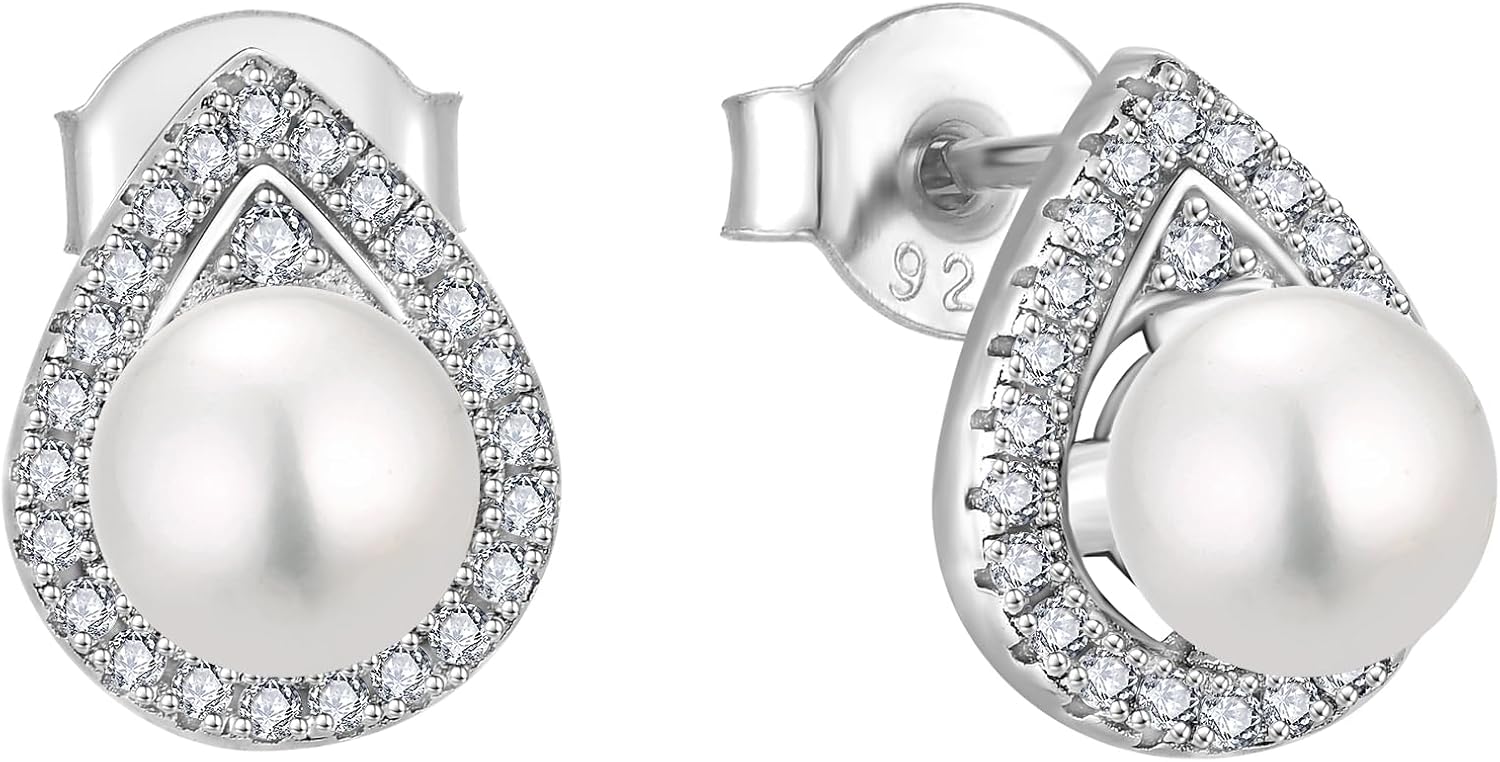 925 Sterling Silver Earrings Freshwater Cultured Pearl Stud Earrings with Cubic Zirconia White/Rose/Yellow Gold-Plated Round/Teardrop Earring for Women Jewelry