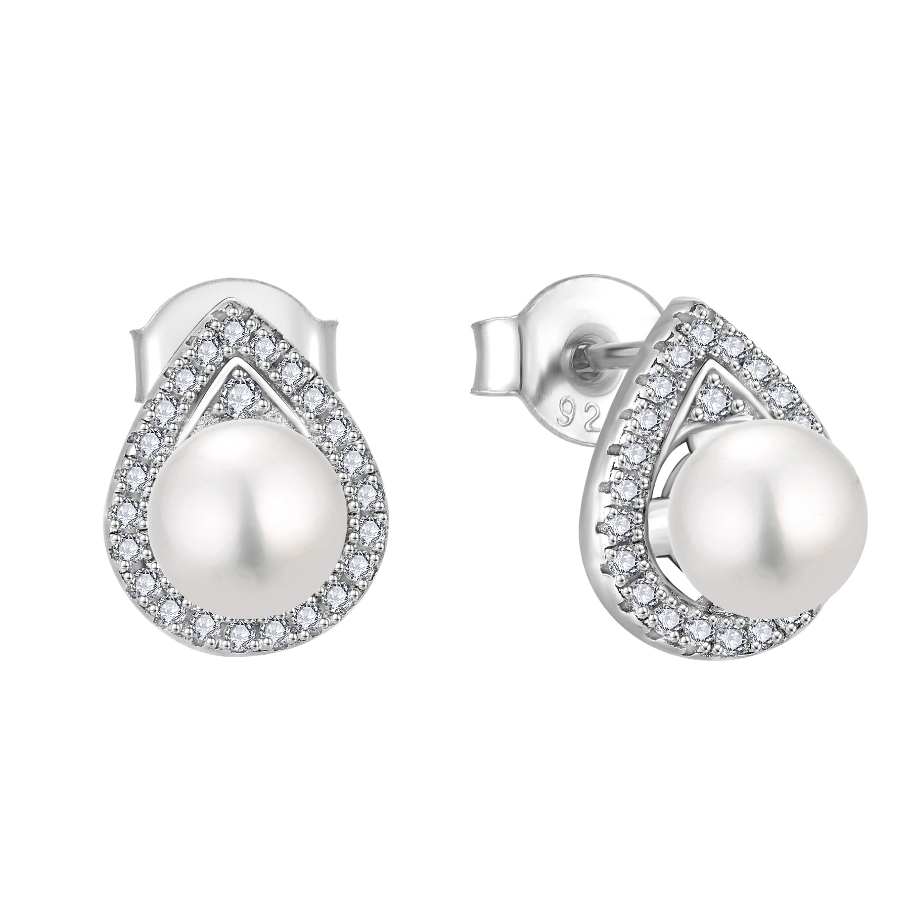 Vinoya 925 Sterling Silver Earrings Freshwater Cultured Pearl Stud Earrings with Cubic Zirconia White/Rose/Yellow Gold-Plated Round/Teardrop Earring