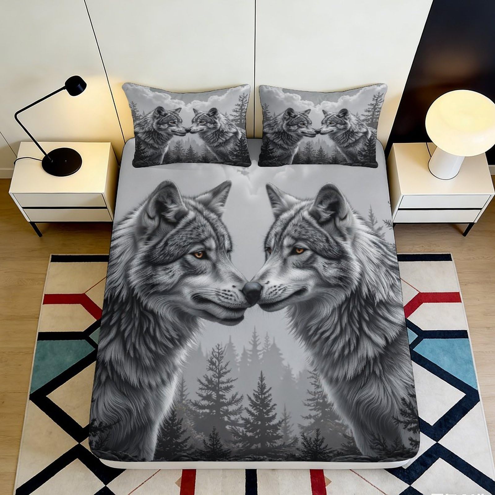 3D Printed Wolf Forest Fitted Sheet Microfiber Non Slip Easy Wash Bedroom Decor Mattress Cover 120x200cm 200x200x25cm