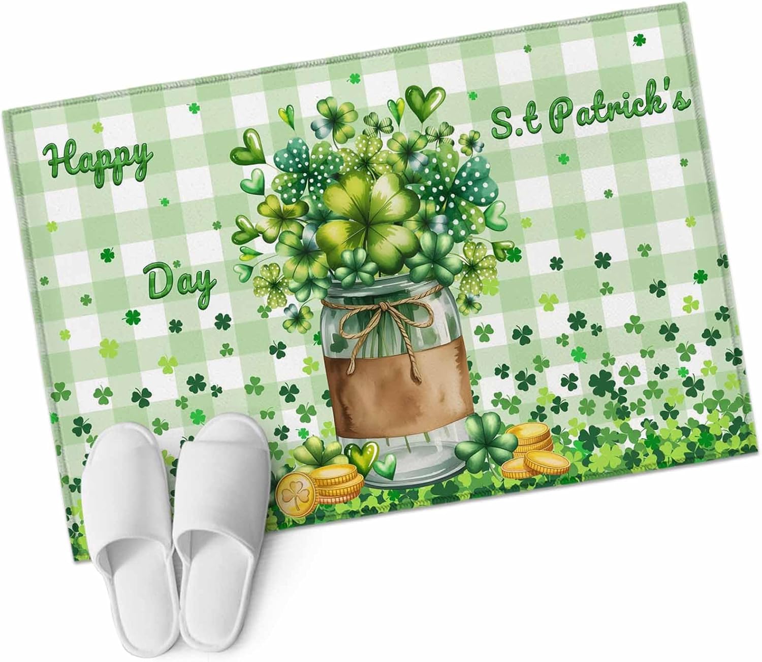 St. Patrick's Day Bathroom Rug Washable 2x3 Entryway Rug Non Slip Spring Botanical Clovers Coin Green Check Front Door Mat Low Pile Indoor Doormat Throw Floor Carpet for Kitchen Bedroom Entrance