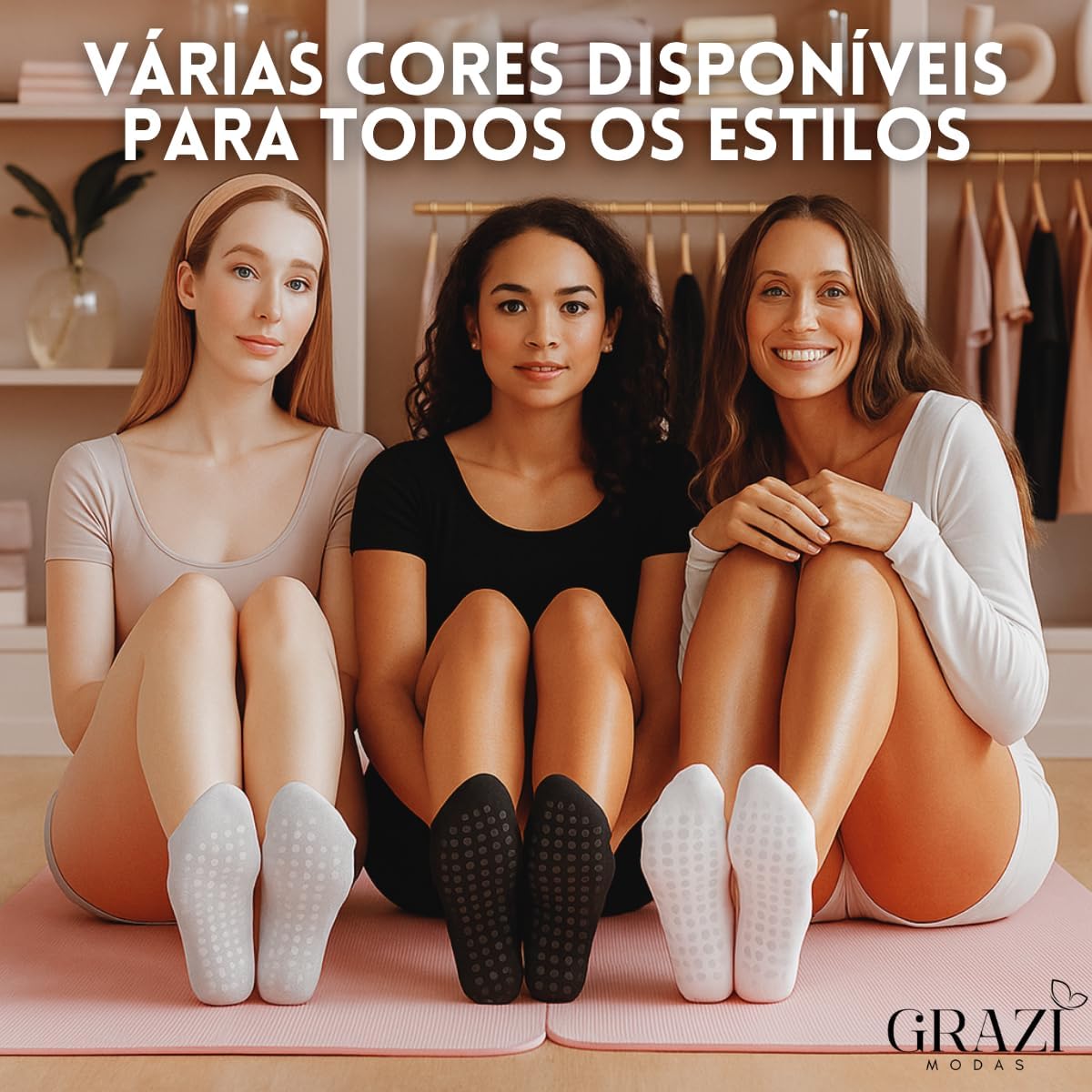 Kit 3 Pares de Meias Antiderrapantes Feminina para Yoga, Pilates e Hidroginástica, Tamanhos 35 a 40, Cor Sortida