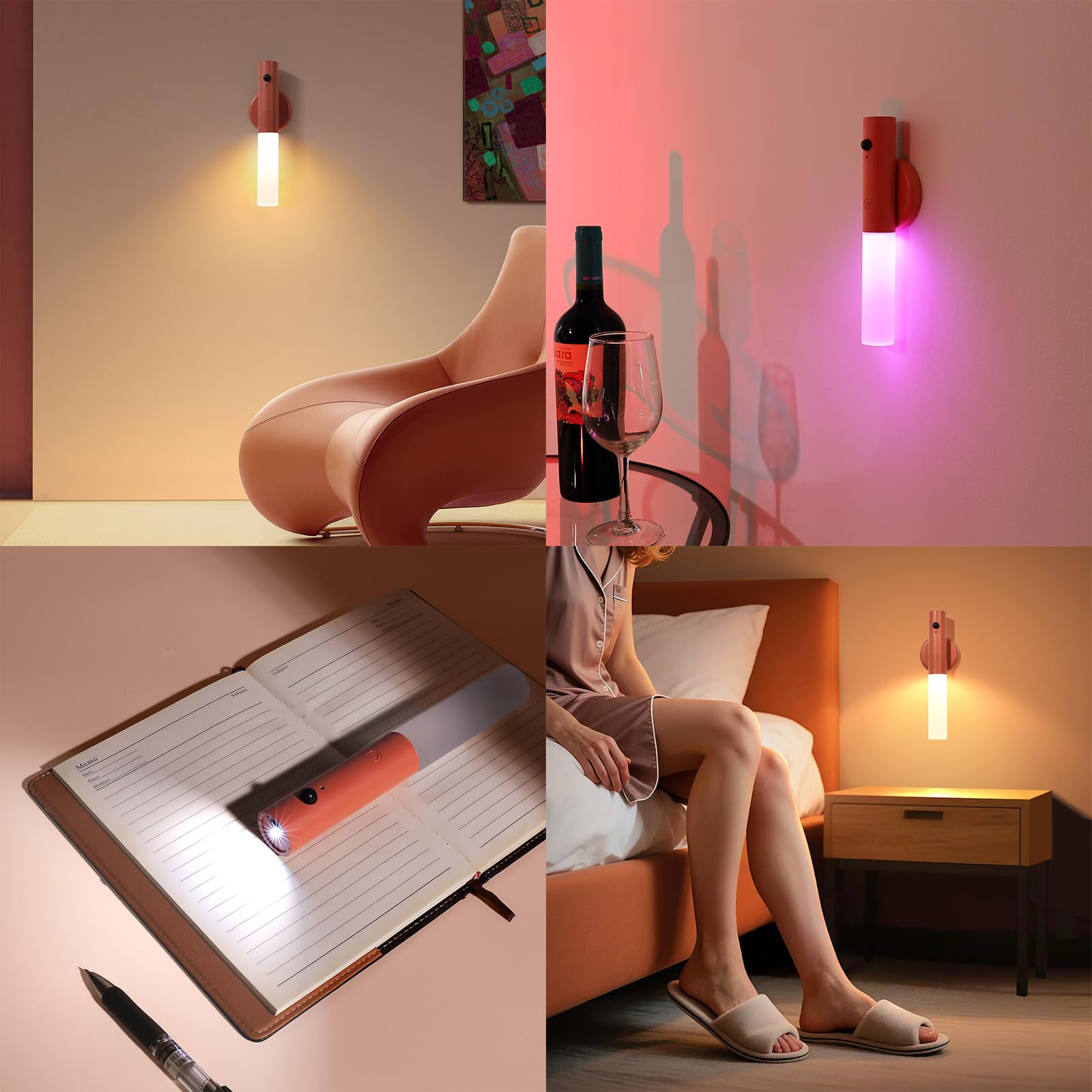LED Apliques de Pared Interior con Sensor de Movimiento Lámpara de Pared USB Recargable Iluminación de Pared con Interruptor para Dormitorios Pasillos Escaleras (Verde,2 Piezas)