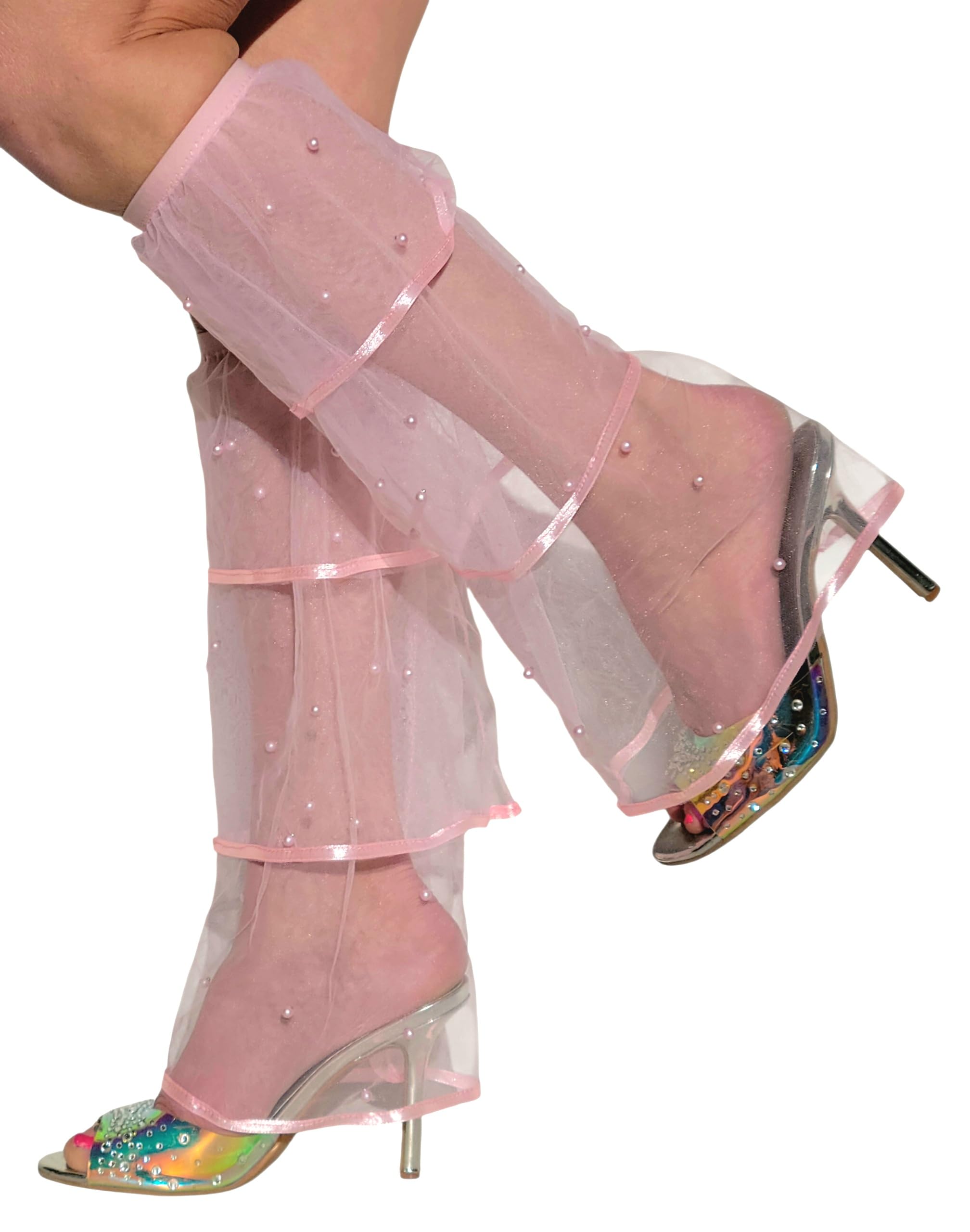 Sheer Pink Leg Sleeves or Leg Warmers with Pearl Embellishments Tiered Ruffle Design