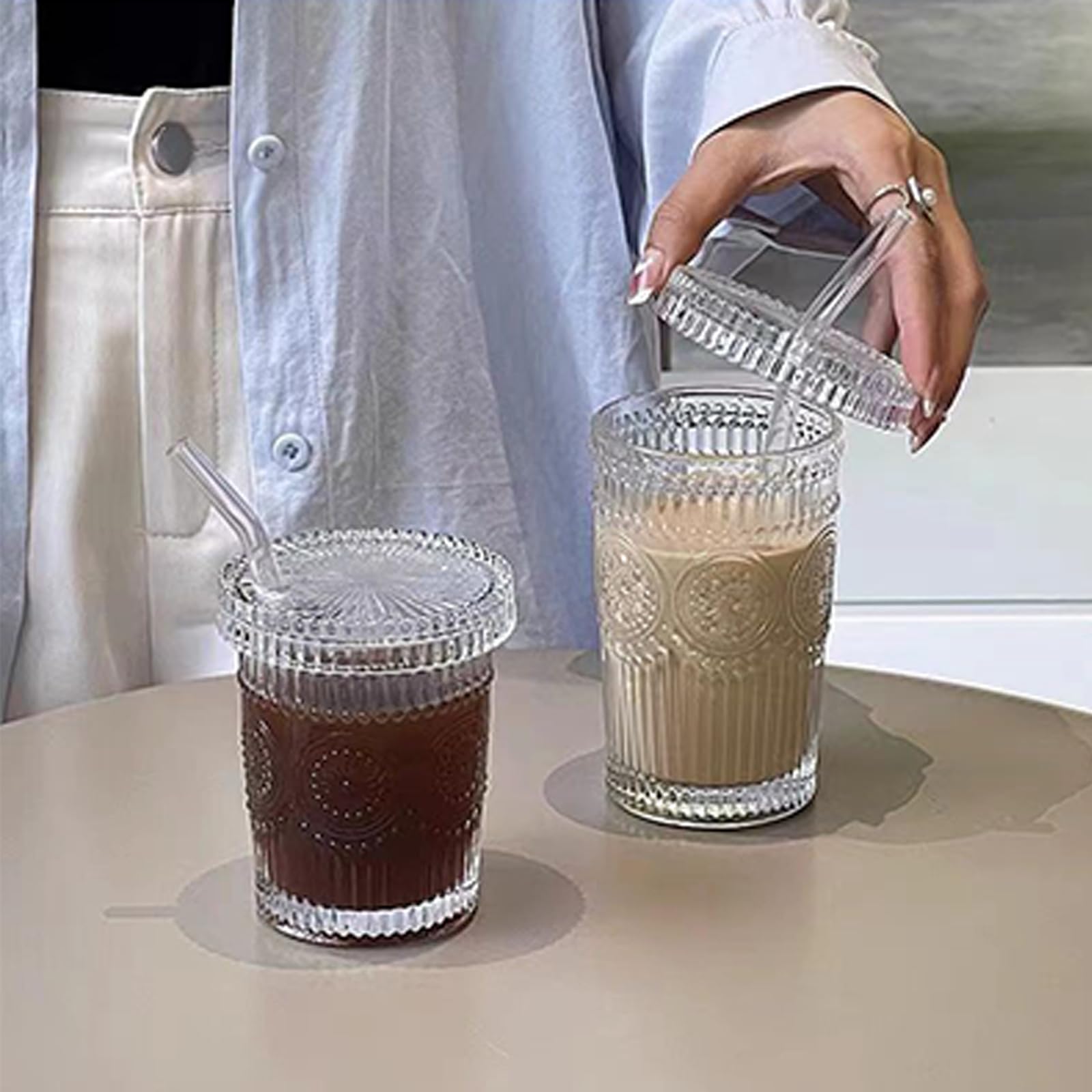 ACOOH 13 oz Vertical Stripe Glass Cup,Striped Glass Cups with Lids and Straws Cute Stripes Iced Coffee Glasses Drinking Glasses for Water,Iced Coffee,Milk,Tea,Juice (Sunflower Cup)