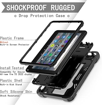 Case for Amazon Fire 7 Tablet (12th Generation, 2022 Released) - Heavy Duty Protective Hybrid Case Cover with Kickstand + 1 Screen Protector and 1 Stylus (Black/Black)