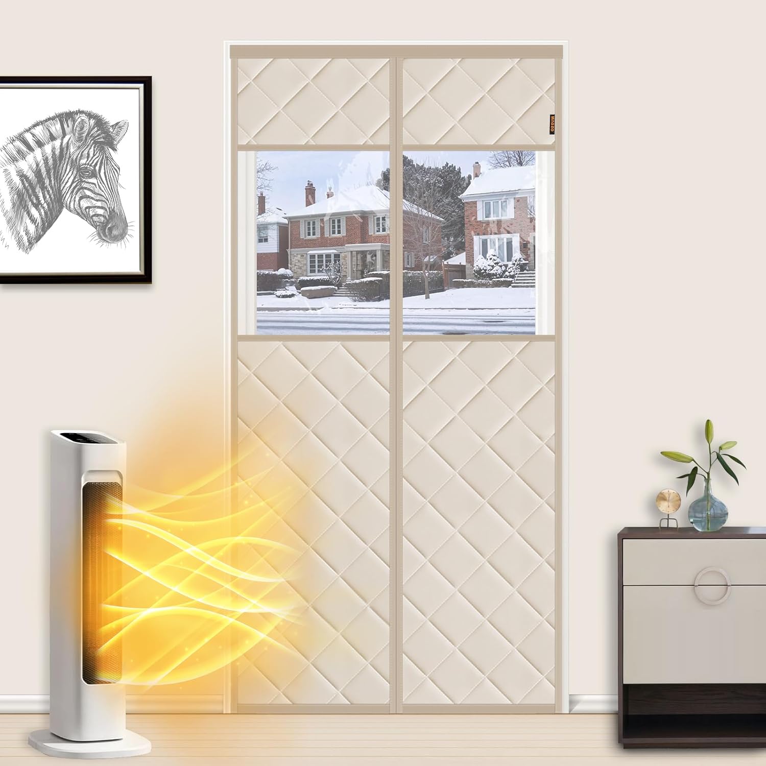 MAGZO Thermal Door Draft Stopper Cover with Perspective Window, 38" x 82", Made of Oxford&Cotton, Curtain Insulation Blanket for Winter/Extra-Wide Entry Door, Keep Cold Out, Strong Magnets, Beige