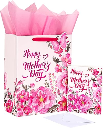 LeZakaa Bolsa de regalo para el día de la madre, bolsa de regalo rosa de 13 pulgadas con papel de seda, etiqueta de regalo y tarjeta, letras del día