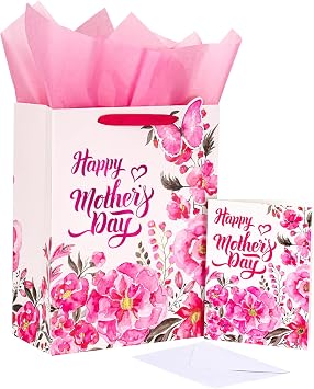 LeZakaa Mothers Day Gift Bag, Happy Mothers Day Lettering, Pink Floral, Butterfly & Pink Foil Design, 13" Gift Bag with Tissue Paper, Gift Tag & Card, Mothers Day Gifts Treat Bags Party Supplies