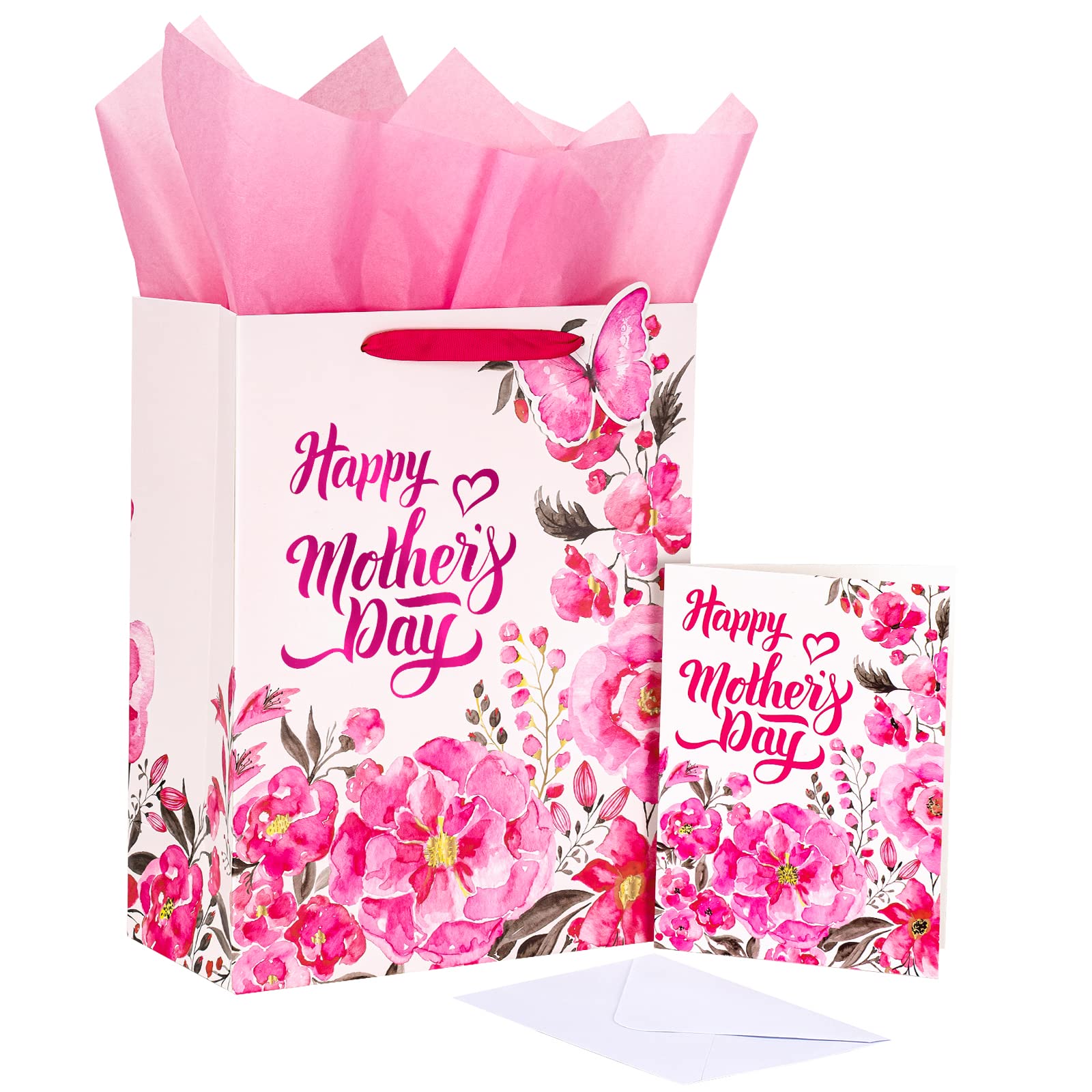 LeZakaa Mother's Day Gift Bag, Happy Mother's Day Lettering, Pink Floral, Butterfly & Pink Foil Design, 13" Gift Bag with Tissue Paper, Gift Tag & Card, Mothers Day Gifts Treat Bags Party Supplies