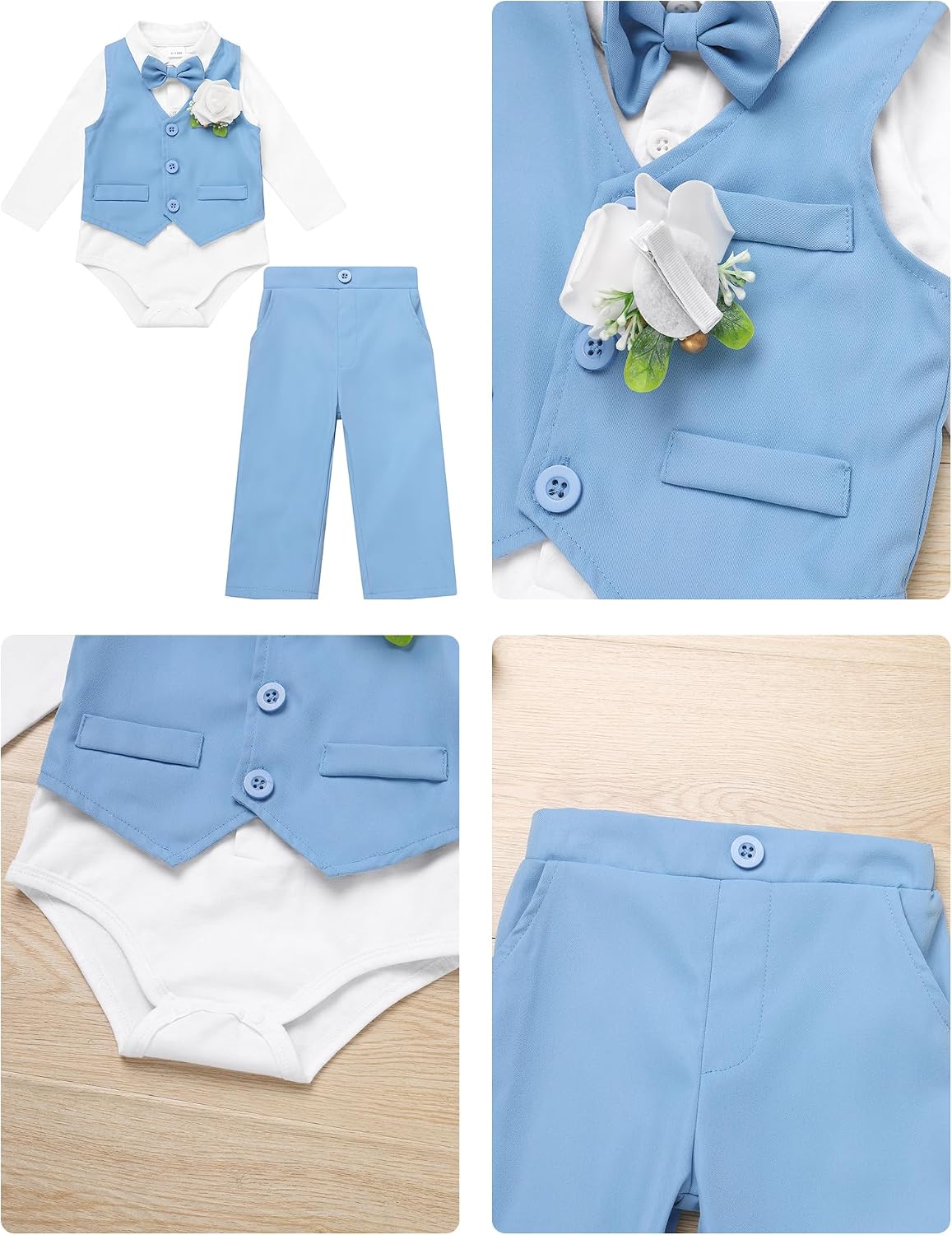 IDOPIP Baby Boy Clothes Suit Infant Gentleman Outfit First Birthday Baptism Wedding Dress Romper Shirt+Tie+Vest+Pants+Corsage