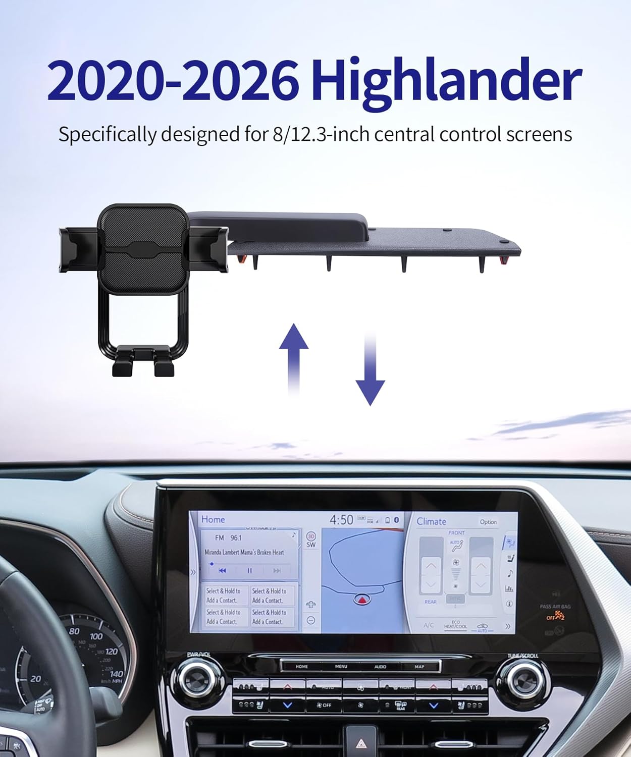 Car Phone Holder for 2020-2026 Toyota Highlander/Hybrid, 8/12.3-inch Screen Fixed Clip, 360° Rotation, Auto Accessories Navigation Bracket, Dashboard Original-Size Replacement Model