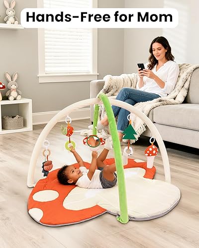 Miniatura 8 de Gimnasio de juego para bebés y tapete de actividades lavable, tapete antideslizante con 5 juguetes sensoriales desmontables para habilidades