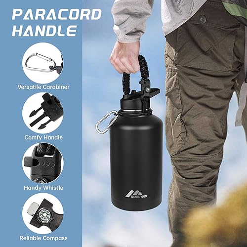 Miniatura 4 de StarSpeed Botella de agua aislada de 64 onzas con pajitas y 2 tapas, jarra de agua de doble pared de acero inoxidable de medio galón, boca ancha