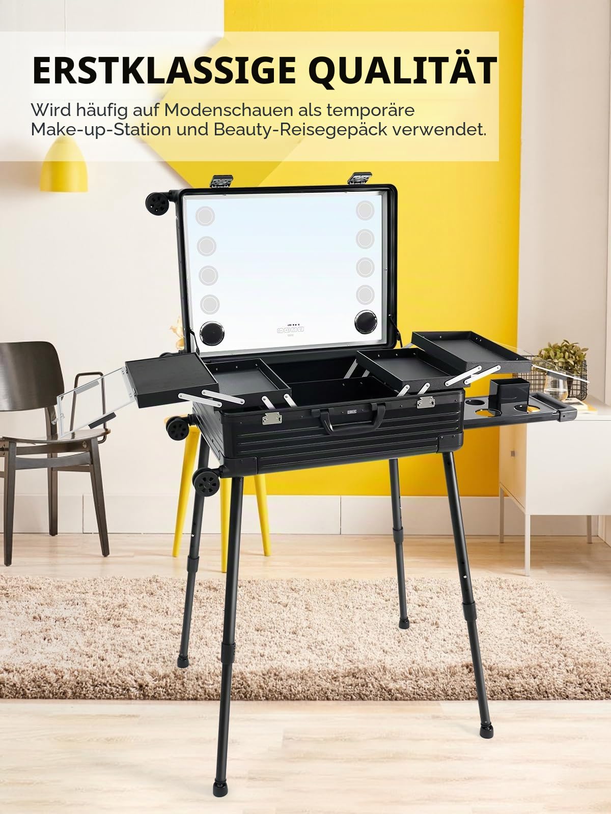 EBANKU Kosmetikkoffer Trolley Schminkkoffer, 24in PC Rolling Makeup Train Case Professionelle Künstler Kosmetik Organizer mit Spiegellichtern Nail Tech Organizer Storage, 4 Display-Tasten (Schwarz)