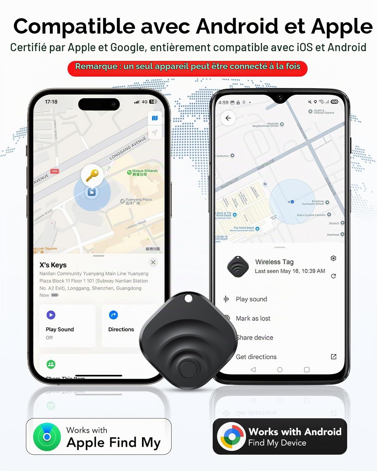 Lot de 4 Traceur Tag Android & iOS, Compatible avec Apple Find My et Google Find Hub, Tracker GPS Android & iOS avec Batterie remplaçable, pour Portefeuilles/Valises/Clés/Bagages (4 Noir)