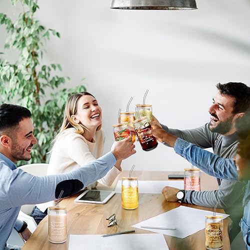Miniatura 5 de Nuanchu Paquete de 12 vasos de vidrio a granel con tapas y pajitas de bambú, regalos de agradecimiento para compañeros de trabajo, profesores,
