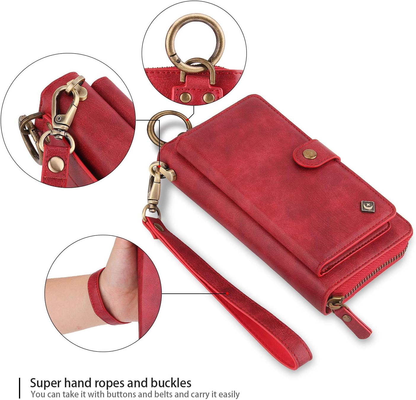 XRPow iPhone X Case, iPhone Xs Case Wallet, [2 in 1] [Magnetic Detachable] Zipper Wallet Folio Case [Wrist Strap] Slim Shock Back Cover with Credit Card Purse for iPhone X/XS 5.8" - Red