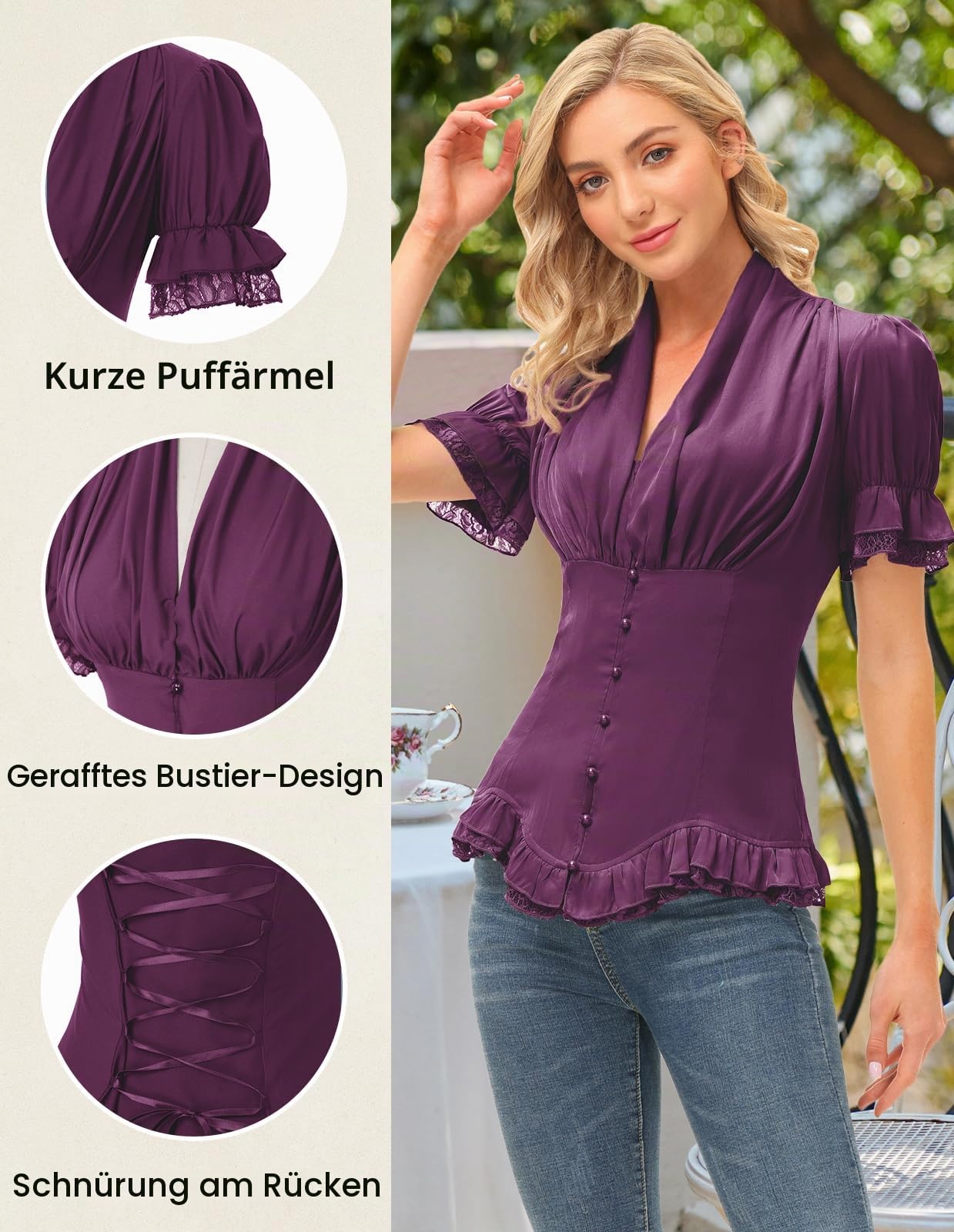 Scarlet Darkness Damen-Bluse, Kurzarm, Viktorianischer Stil, elegant, Schößchen, Oberteil mit Schnürung | Ideal für Ren-Faire, Piratenfest, Büro, Business, Alltag. V-Ausschnitt, Button-Down, Schnürung hinten, Spitzen-Patchwork