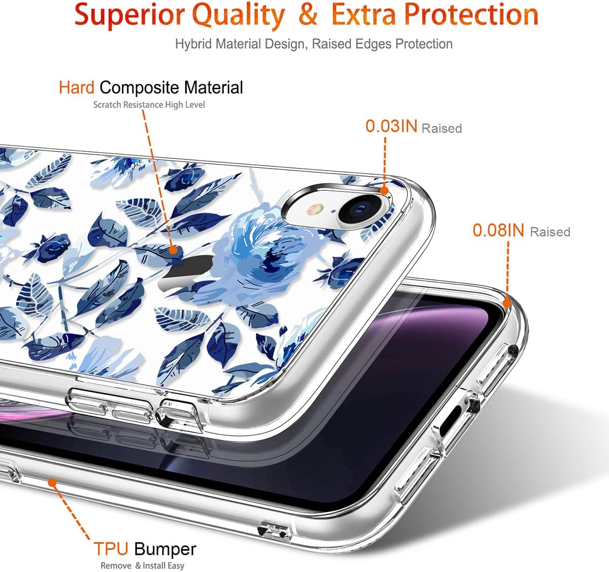 GiiKa iPhone XR Case with Screen Protector, Clear Heavy Duty Protective Case Floral Girls Women Shockproof Hard PC Back Case with Slim TPU Bumper Cover Phone Case for iPhone XR, Blue Flowers