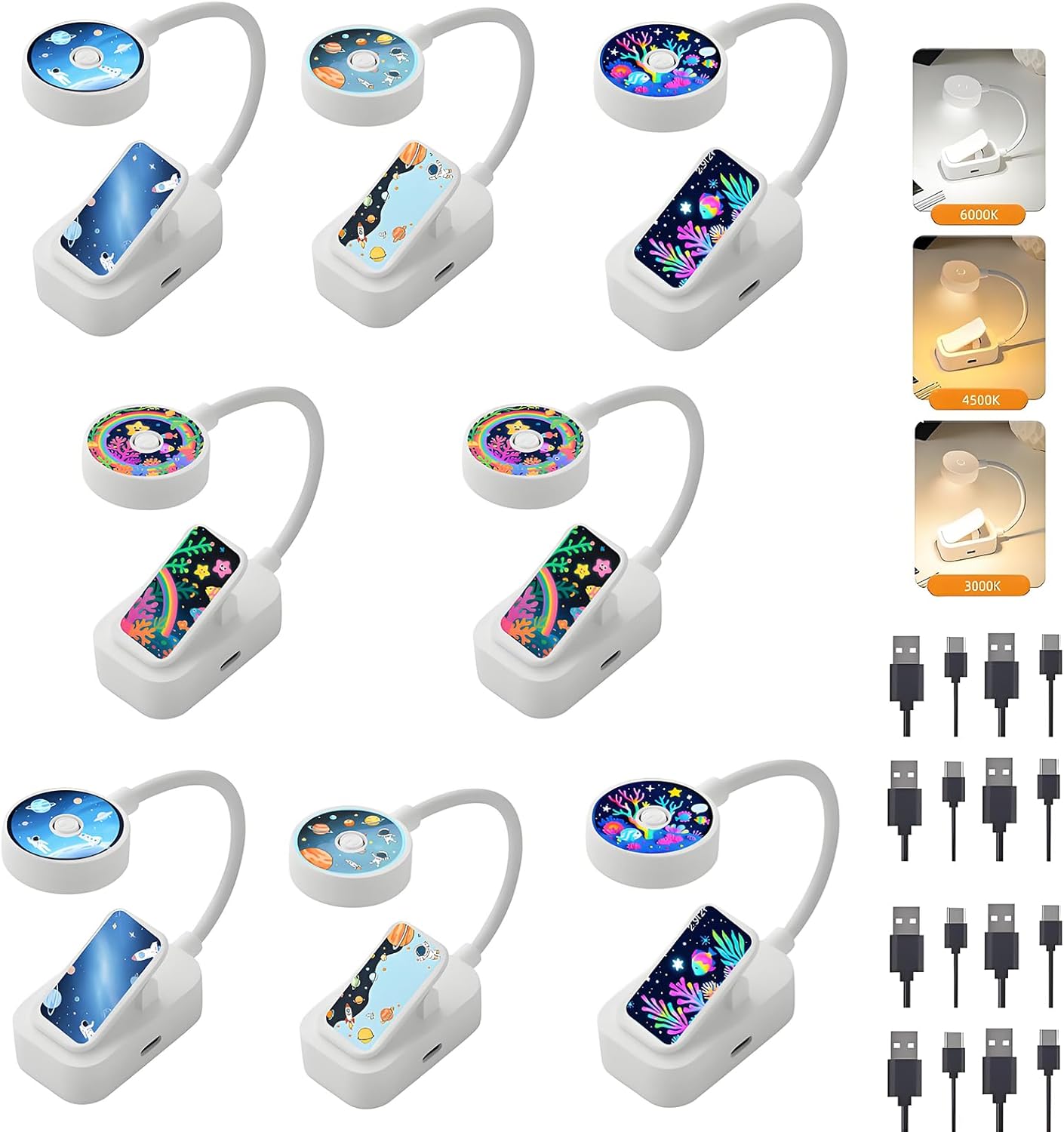 16 Pack Rechargeable Book Lights Bulk for Reading in Bed,3 Color,Adjustable Brightness,Clip on to Book Lights for Reading at Night (Multi-Colored, 16 Pack)