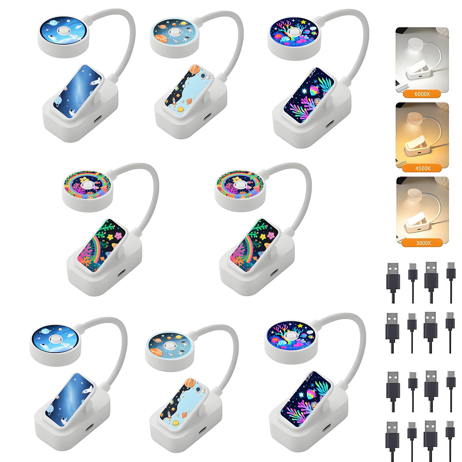 Paquete de 8 luces recargables para libros pequeños a granel para leer por la noche, 3 colores, brillo ajustable, clip para leer en la cama, gran regalo para niños, amantes de los libros
