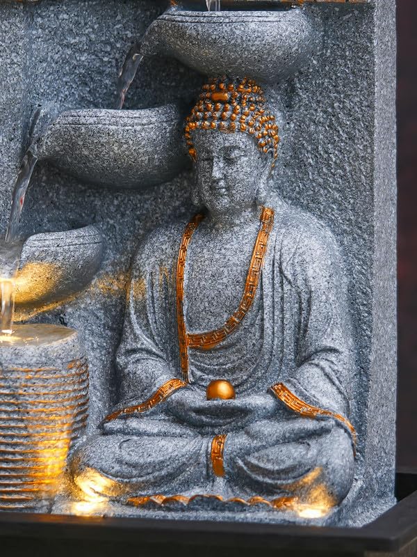 Image of Polyresin Grey Meditating Buddha Tabletop Indoor 4 Diya Steps Water Fountain for Home Decor with Yellow LED Light & Speed Controller Pump (Size: 40 x 29.5 x 22CM | Wt: 2685grm)