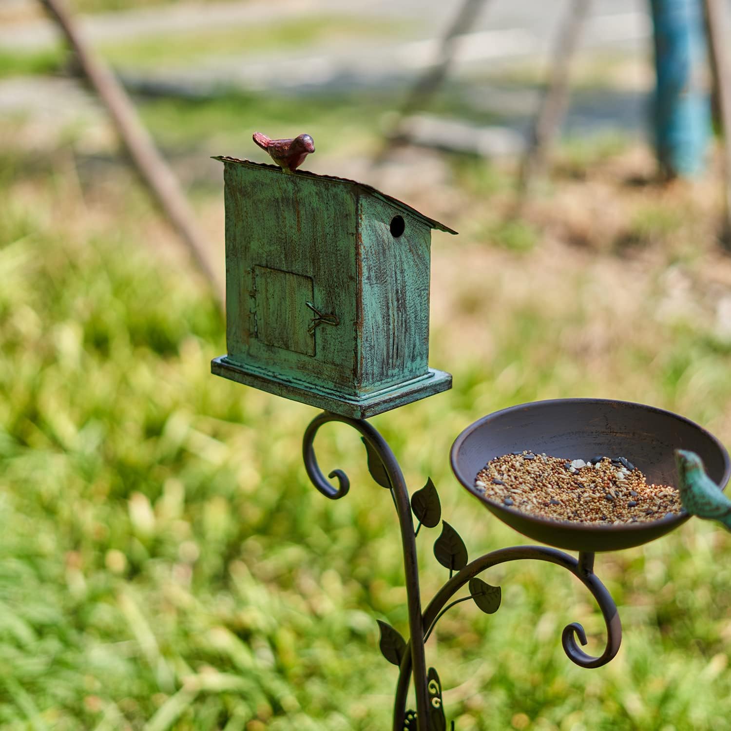 Bird Baths and BirdHouses with Pole, Distressed Metal Bird Bath Bowl and Birdhouse Stake for Outdoor Garden Yard Decoration (Bird Baths/BirdHouses-C)