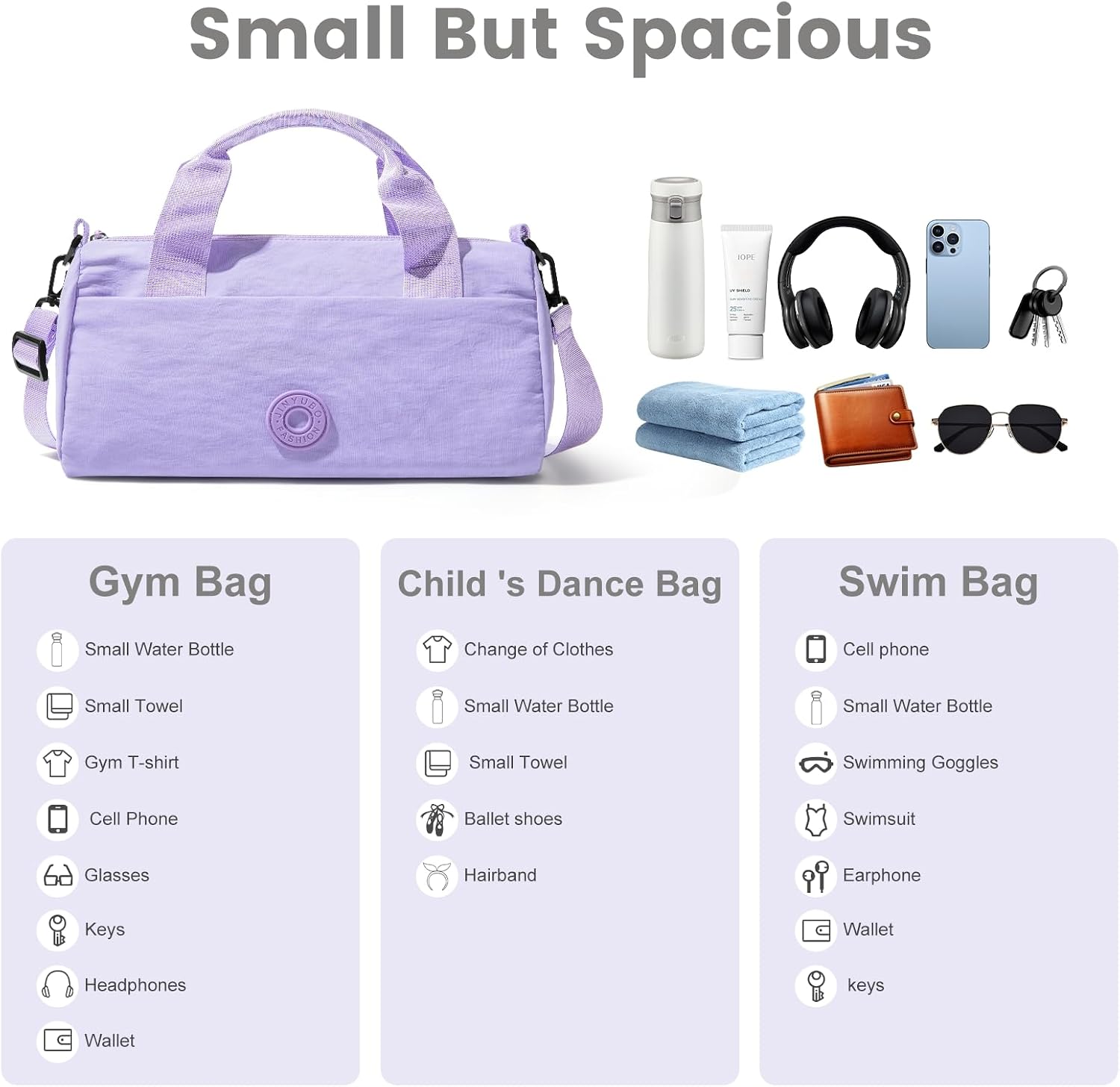 Mini Gym Bag for Women Men, Travel Gymnastics Sports Dance Ballet Samll Duffle Bag Gym Tote Organizer with Toiletry Pouch (Purple with Toiletry Bag)