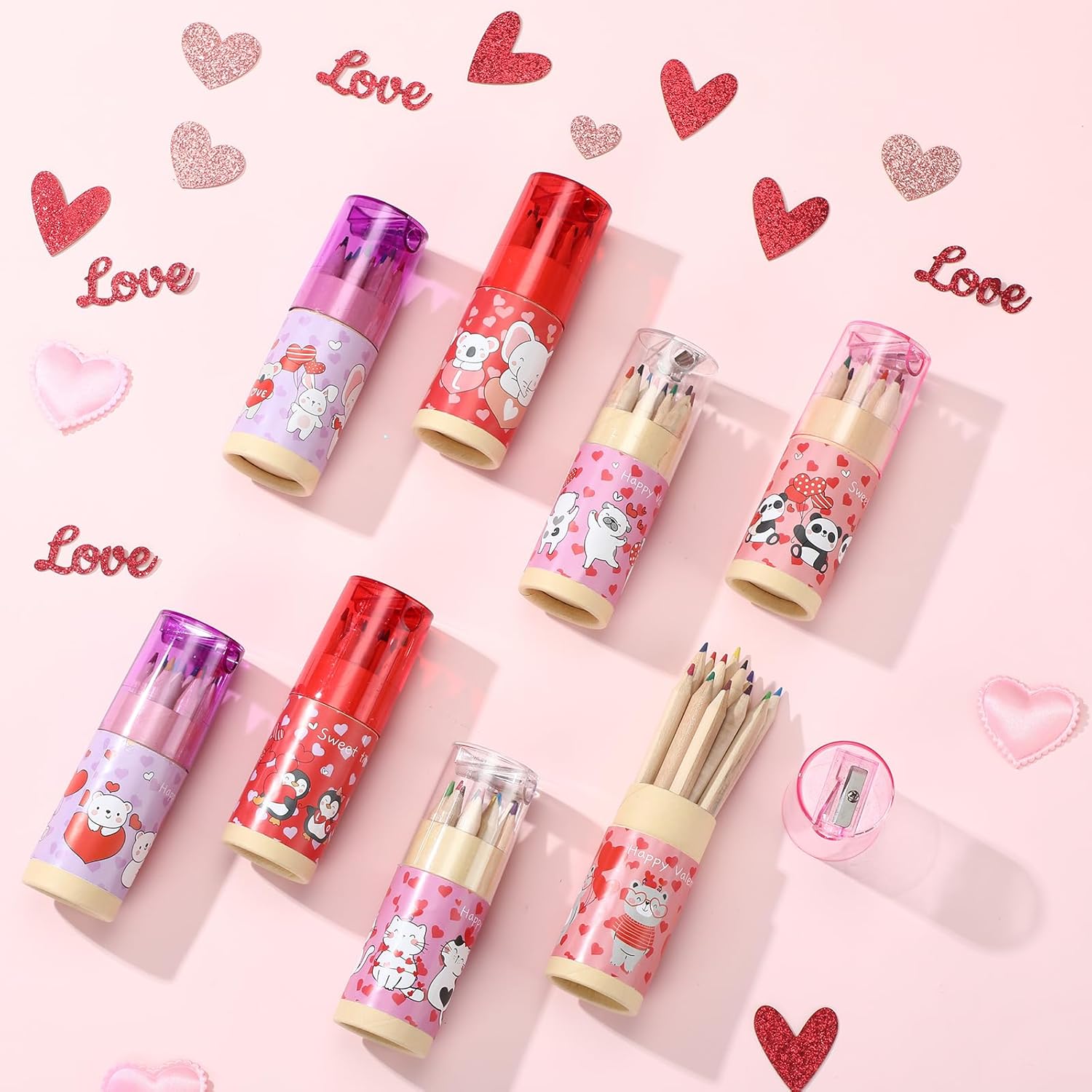 Fumete 32 Pack St. Patrick's Day Mini Colored Pencils Bulk Pink Heart Cute Paddy's Pencils with Sharpener for Classroom Exchange Gift Bulk, 12 Count in Tube