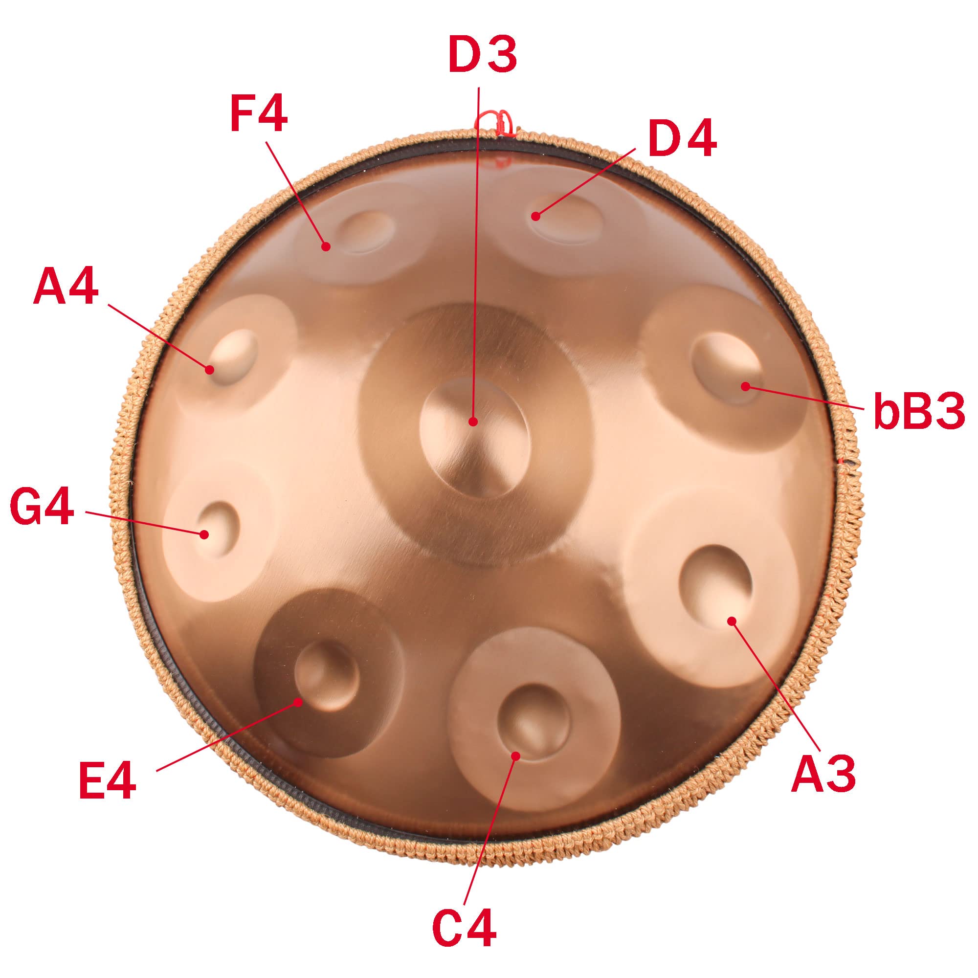 Hand Pan Harmonic, Tamburo in Acciaio in D Minor 10 Note 22 Inches 440 HZ, Hand Drum Percussione con Soft Hand Pan Bag, 2 Bacchette e il Sopporto, Oro