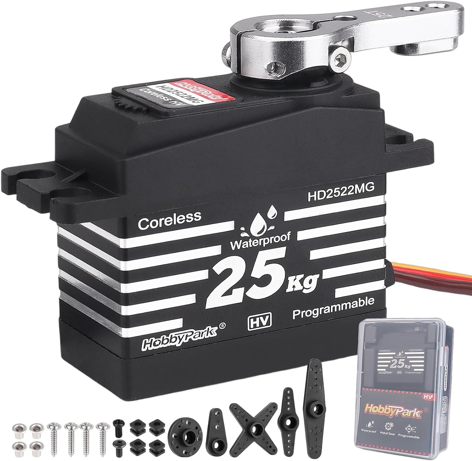 HobbyPark Waterproof 25KG RC Servo High Torque Coreless Motor Metal Gear Standard Digital Servo for 1/8 1/10 RC Cars Trucks Buggy Arduino Servo Robotic Control Angle 180 with Metal Servo Horn Arm