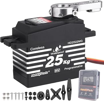 HobbyPark Waterproof 25KG RC Servo High Torque Coreless Motor Metal Gear Standard Digital Servo for 1/8 1/10 RC Cars Trucks Buggy Arduino Servo Robotic Control Angle 180 with Metal Servo Horn Arm