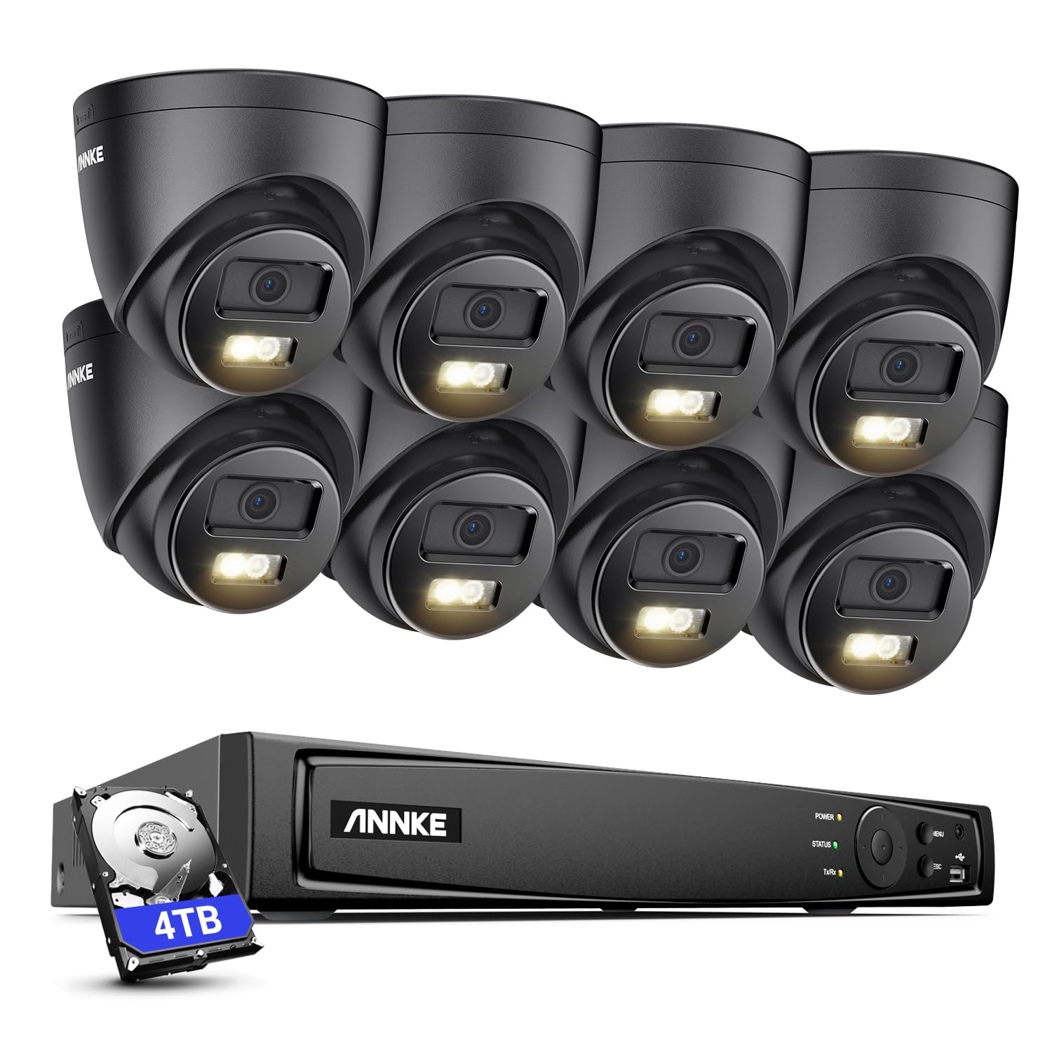 ANNKE PoE Security Camera System, H.265+ 16CH 12MP 5-in-1 NVR, 8X 3K Wired Turret IP Black Cams with Color Night Vision, Built-in Mic, AI Motion