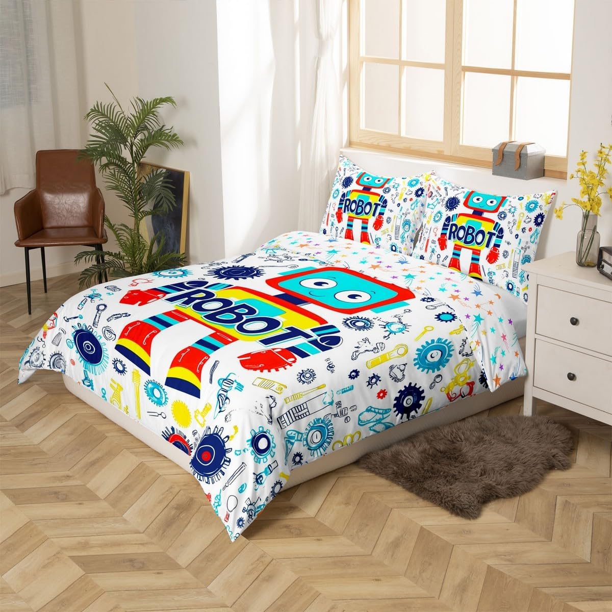 Erosebridal Boys Cartoon Robot Comforter Cover Colorful Robot Pattern Twin Bedding Set for Kids Teens Outer Space Duvet Cover Kawaii Decor Bed Set for Room image 2
