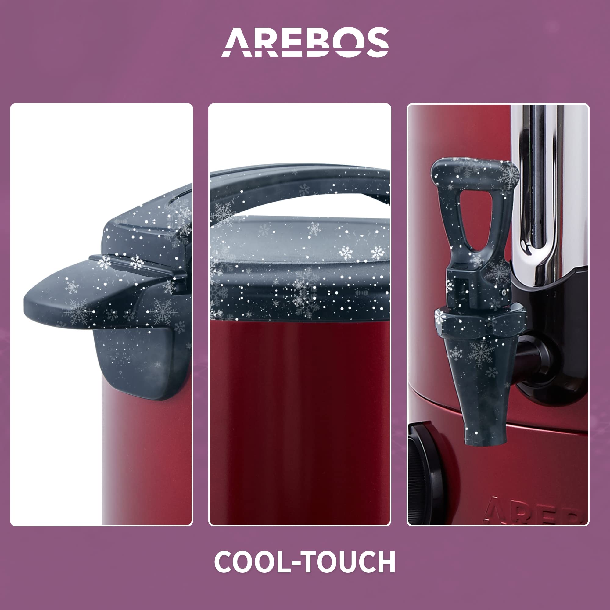 Arebos Glühweinkocher 950 W | Heißgetränkespender | 8,8 L | mit Auffangschale, Auslasshahn, Thermostat und Überhitzungsschutz | Temperatureinstellung von 30-110°C | Rot