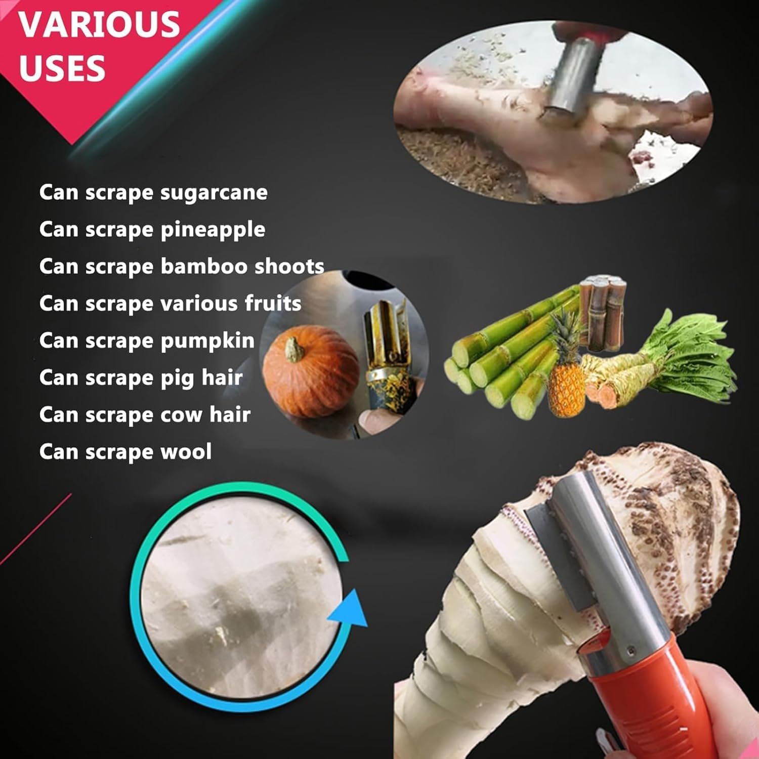 Pelador automático de caña de azúcar y máquina rascadora – Pelador eléctrico versátil de frutas y verduras con cubierta protectora para caña de azúcar, coco y más